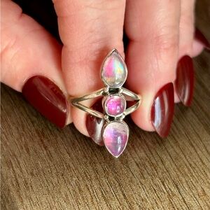 925 Sterling Silver Triple Pink Rainbow Moonstone Ring